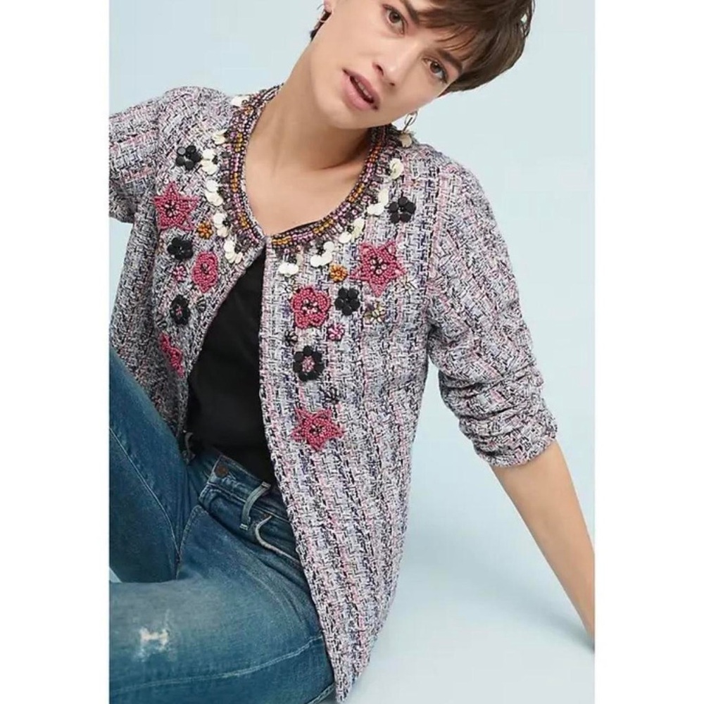Anthropologie Summer of Love Suzy embellished tweed jacket